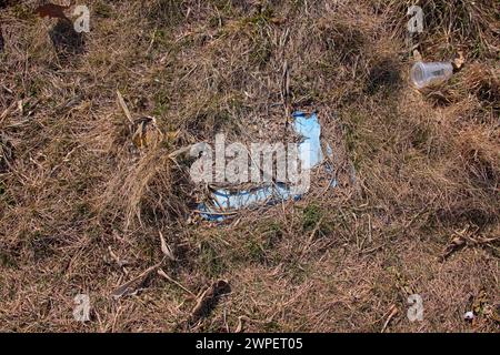 Litière sous la forme d'un couvercle provenant d'un récipient de stockage et d'un gobelet en plastique transparent le long d'un bord de route Banque D'Images