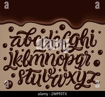 Alphabet latin fait de chocolat fondu foncé avec bordure. Police d'emballage alimentaire sucré. Style de police liquide. Illustration vectorielle. Illustration de Vecteur