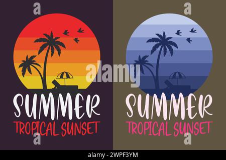 Coucher de soleil tropical d'été, vibrations d'été, T-shirt d'été, chemise de vacances, chemise d'été de famille, vêtements de vacances, chemise de plage Illustration de Vecteur