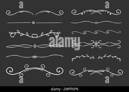 Séparateur de craie fine ligne géométrique classique déco séparateur de bordure collection isolé sur fond de tableau noir. Arnament fleuri, embelish. Illustration vectorielle Illustration de Vecteur