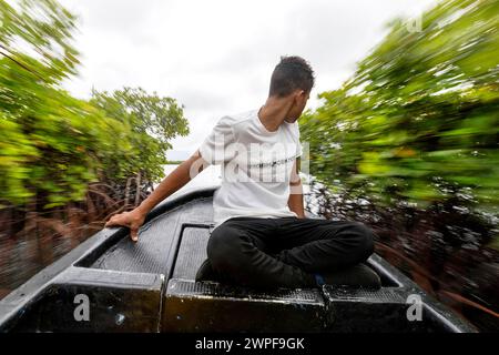 Homme local assis sur un petit hors-bord à grande vitesse croisière entre les mangroves d'une baie d'une île Cristobal à Bocas del Toro, Panama Banque D'Images