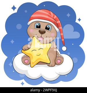 Chien de dessin animé mignon portant un bonnet de nuit tient une étoile jaune et assis sur un nuage. Illustration vectorielle de nuit sur un fond bleu foncé. Illustration de Vecteur