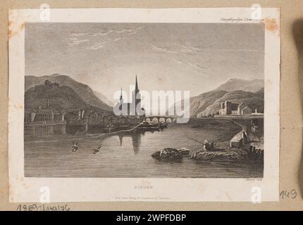 Illustration de Bingen au-dessus du Rhin, 1836-1840, montrant la ville et le fleuve, publiée par Carlsruhe im Kunst-Verlag W. Creuzbauer, avec des contributions de Franz Abresch, Krystian Teofil Glücksberg et August Emanuel Glücksberg. Banque D'Images