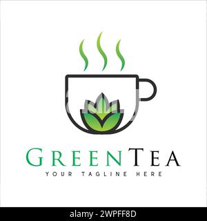 Feuille de conception de logo de thé vert avec logo de tasse Illustration de Vecteur