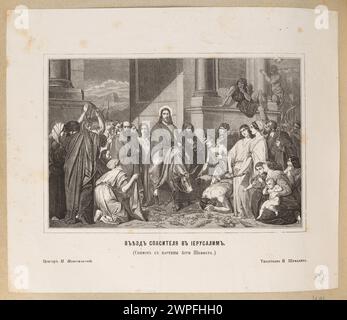 Cette lithographie des années 1860 par Ary Scheffer et I. Szumacher représente l'entrée de Jésus à Jérusalem. Produite à Petersburg, l'œuvre reflète les styles artistiques et les techniques d'impression du milieu du XIXe siècle. Banque D'Images