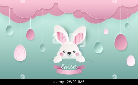 Joyeux fond d'écran ou bannière de jour de Pâques avec lapin découpé. Beaux éléments orientaux découpés en papier. Illustration vectorielle à vendre, affichage de produit, pâques Illustration de Vecteur