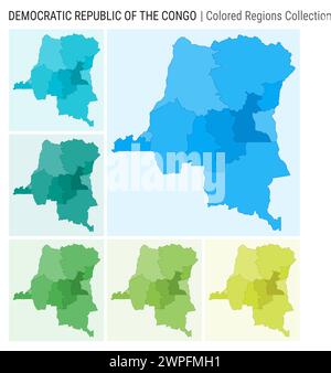 Collection de cartes DR Congo. Forme de pays avec régions colorées. Bleu clair, cyan, sarcelle, vert, vert clair, palettes de couleurs de chaux. Illustration de Vecteur