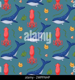 Motif sans couture sous-marin dans le style de dessin animé. Animaux sous-marins calmars, baleine bleue, corail, coquillage et algues. Illustration vectorielle sur un bleu Illustration de Vecteur