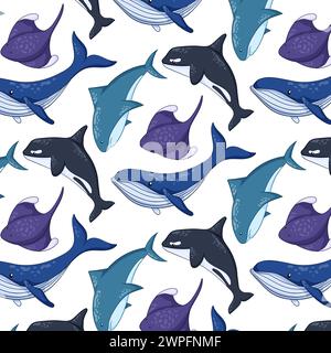 Motif sans couture d'animaux sous-marins et océaniques dans le style de bande dessinée. Requin mignon, baleine bleue, raie et épaulard. La vie sauvage des créatures marines. Vecteur Illustration de Vecteur