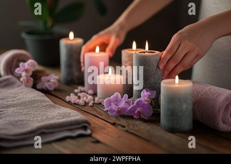 Gros plan personne méconnaissable femme mains féminines mettant luxe brûlant arôme illuminé à la main bougies parfumées serviette soin de composition spa Banque D'Images