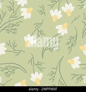 Modèle sans couture avec fleur de Marguerite, petite fleur blanche et feuilles vertes. Joli imprimé fleuri pastoral. Boho, style rustique. Pour papier peint, tissu, wrappi Illustration de Vecteur