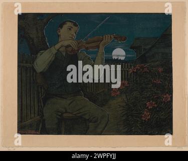 Une lithographie de Hans Thoma de 1897 intitulée « violoniste du livre », représentant un musicien dans un cadre tranquille. Banque D'Images