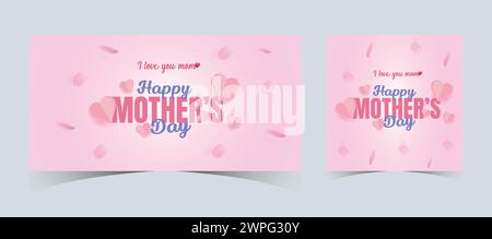 Ensemble de bannières Web et de modèles de poste pour la fête des mères joyeuses. Carte de voeux de fête des mères avec ballons d'amour 3D. Happy Mom Love signe avec coeur et fleurs Illustration de Vecteur