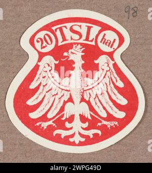Un timbre de question représentant l'emblème polonais et le texte : 20 salles. TSL ; Paszkowski, H. (Varsovie), maison d'édition de la Société de l'école populaire (Kraków) ; vers 1914 1920 (1914-00-00-1920-00-00); Banque D'Images