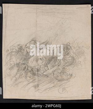 Croquis de Józef Brandt (1841-1915) de 1880 à 1881 représentant des chevaux et des cavaliers au galop pour le tableau « saisir un cheval sur l'arche », y compris l'étude du mouvement et de la composition. Banque D'Images