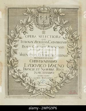 Cette gravure de 1682, intitulée 'Opera Selectiora', a été créée par Valentin le Febre d'après Titien et Paolo Veronese. Il a été publié à Venise par Jacob Van Campen. L’œuvre est un bel exemple des techniques de gravure du XVIIe siècle. Banque D'Images