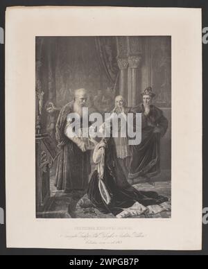 Estampe commémorative du serment de la reine Jadwiga publié par la Société d'encouragement des Beaux-Arts de Pologne en 1869, produite par Maksymilian Famans et Józef Simmler, représentant l'iconographie royale et la lithographie polonaise du XIXe siècle. Banque D'Images