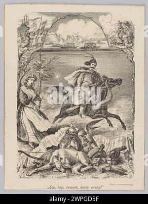 Illustration de Juliusz Kossak pour 'Dumki Hetman Kosi' de Jozef Bohdan Zaleski, créée au milieu du XIXe siècle, représentant des personnages et des animaux dans une scène dynamique. Banque D'Images