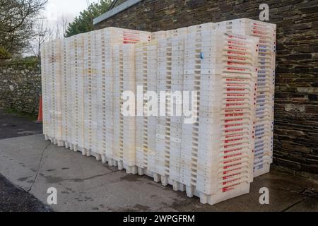 Boîtes à poissons empilées à l'extérieur d'une usine de poisson, Union Hall, West Cork, Irlande. Banque D'Images