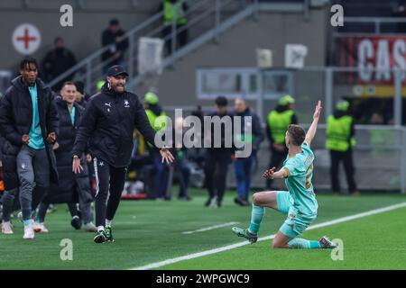 Milan, Italie. 07 mars 2024. David Doudera de SK Slavia Praha célèbre après avoir marqué un but lors de la 16e manche de l'UEFA Europa League 2023/24 entre l'AC Milan et le SK Slavia Praha au stade San Siro, Milan, Italie, le 07 mars 2024 crédit : Independent photo Agency/Alamy Live News Banque D'Images