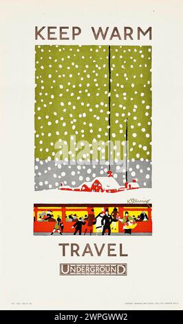 Affiche vintage du métro londonien. Restez au chaud, voyagez sous terre. Par Kathleen Stenning 1925. D'après une série d'affiches liées à la météo Banque D'Images