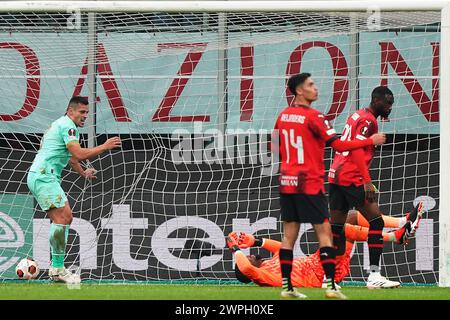 Milan, Italie. 07 mars 2024. david Doudera ( Slavia Praga ) marque le but du 3-2 pour son équipe lors du match de football Serie A Tim entre Milan et Slavia Praga au stade San Siro de Milan - nord de l'Italie - jeudi 07 mars 2024. Sport - Soccer . (Photo de Spada/LaPresse) crédit : LaPresse/Alamy Live News Banque D'Images