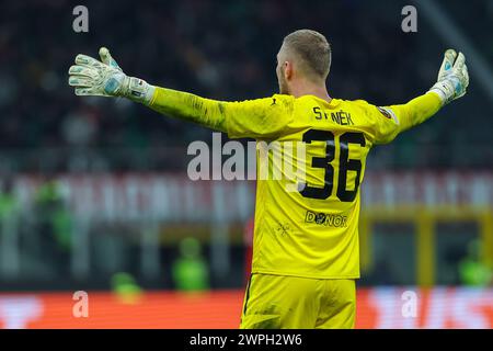 Milan, Italie. 07 mars 2024. Jindrich Stanek de SK Slavia Praha célèbre lors de la 16e manche de l'UEFA Europa League 2023/24 - match de football de 1ère manche entre l'AC Milan et le SK Slavia Praha au stade San Siro, Milan, Italie, le 07 mars 2024 crédit : Agence photo indépendante/Alamy Live News Banque D'Images