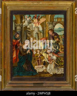 Cette peinture de Pieter Coecke van Aelst, créée vers 1530-1535, représente des bergers avec Jésus-Christ, Marie et Saint Joseph, accompagnés d'anges et de boeufs, dans l'architecture religieuse néerlandaise. L'œuvre fait partie de la collection de la Bibliothèque Krasiński à Varsovie. Banque D'Images