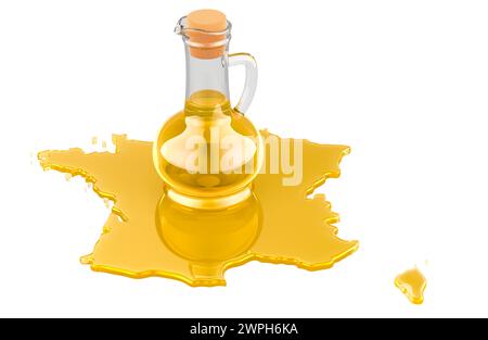 Production huile végétale en France, concept. Bouteille en verre pleine d'huile de cuisson avec de l'huile renversée dans la forme de carte française, rendu 3D isolé sur th Banque D'Images