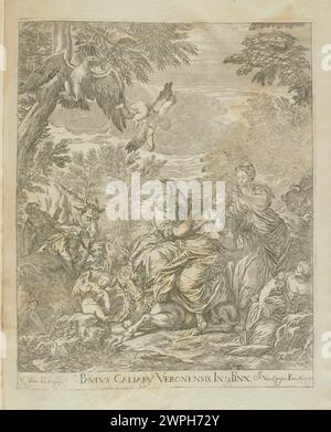 Tableau mythologique représentant l'enlèvement de l'Europe, créé par Valentin le Febre, Paolo Veronese et Jacob Van Camen en 1682, illustrant des figures classiques dans une scène dynamique. Banque D'Images