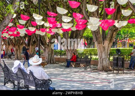 Des drapeaux picado en papier coloré décorent le paisible parc jardin de Salvatierra du quartier historique central de Salvatierra, Guanajuato, Mexique. Banque D'Images