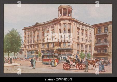 Carte postale de Tadeusz Cieślewski représentant l'hôtel Bristol à Varsovie, créée vers 1910, imprimée par la maison d'édition K. Wojutyński, montrant le bâtiment, la façade et la rue environnante. Banque D'Images