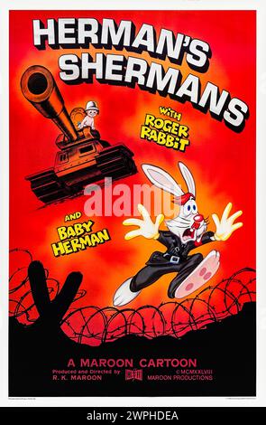 Herman's Shermans (1988) réalisé par R.K. Maroon et mettant en vedette Charles Fleischer et April Winchell. Roger est un officier de la Gestapo qui s'embrouille, et voit que l'armée américaine est si efficace que même bébé Herman peut conduire un char Sherman, mais le chaos s'ensuit dans ses efforts pour faire défection. Photographie d'une affiche originale US d'une feuille de 1988. ***USAGE ÉDITORIAL SEULEMENT*** crédit : BFA / Walt Disney Studios Banque D'Images