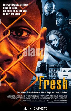 Fresh (1994) réalisé par Boaz Yakin et mettant en vedette Sean Nelson, Giancarlo Esposito et Samuel L. Jackson. Mort et violence colère un messager de drogue de douze ans, qui oppose ses employeurs les uns aux autres. Photographie d'une affiche originale US d'une feuille de 1994. ***USAGE ÉDITORIAL SEULEMENT*** crédit : BFA / Miramax films Banque D'Images