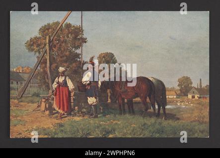 La cour de W. Adys AW Sznner (vers 1910) représente une scène romantique, créée à Varsovie au salon Kulikowski, illustrant le style artistique européen du début du XXe siècle. Banque D'Images