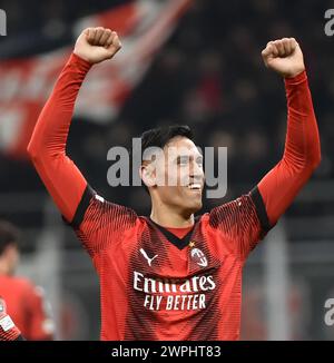 Milan, Italie. 7 mars 2024. Tijjani Reijnders de l'AC Milan célèbre son but lors du match de 1ère manche de l'UEFA Europa League Round of 16 entre l'AC Milan et la Slavia Praha à Milan, Italie, le 7 mars 2024. Crédit : Valeria Abis/Xinhua/Alamy Live News Banque D'Images