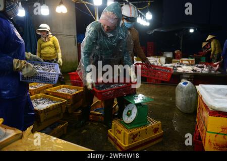 Le marché du poisson frais et des fruits de mer tôt le matin à Thanh Hà, Hoi an, Vietnam. Banque D'Images