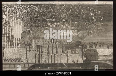 1667 représentation par Johann Schweizer de feux d'artifice au château de Darmstadt célébrant le mariage de Ludwik VI von Hessen-Darmstadt et Elisabeth Dorothea von Sachsen-Gotha-Altenburg en Allemagne. La scène comprend le feu, les festivités et l'architecture du château. Banque D'Images