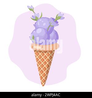 Crème glacée à la lavande. Trois boules de dessert sucré crémeux dans un cône de gaufre. Sorbet violet. Illustration vectorielle sur fond blanc. Illustration de Vecteur