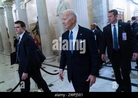 Le président des États-Unis Joe Biden arrive au Capitole à Washington DC pour prononcer le discours sur l'état de l'Union, le 7 mars 2024. Crédit : Chris Kleponis/Pool via CNP/MediaPunch Banque D'Images