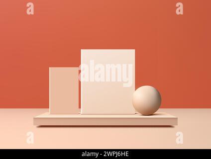 Podium 3D beige abstrait avec des éléments de formes géométriques, y compris une sphère sur fond rouge. Illustration vectorielle Illustration de Vecteur