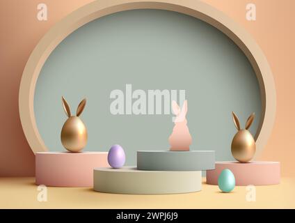Présentez vos produits Modern Easter podium maquette. Design 3D avec des couleurs pastel, des formes géométriques, des oeufs, du lapin, il est parfait pour la saison printanière. Illustration de Vecteur