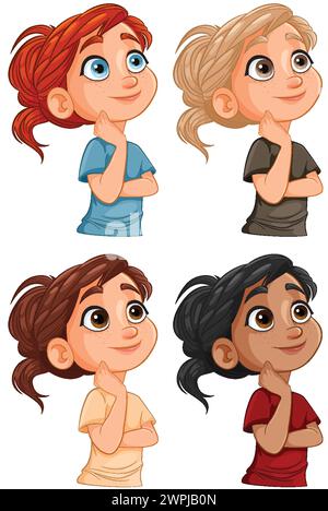 Quatre filles de dessins animés réfléchissant avec des expressions curieuses. Illustration de Vecteur
