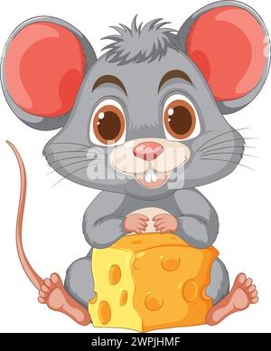 Adorable souris de dessin animé tenant un grand fromage jaune Illustration de Vecteur