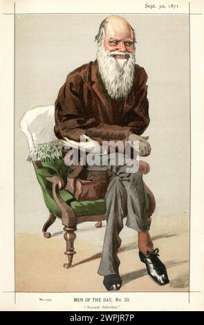 Lithographie couleur vintage d'une caricature de Charles Darwin, 1871. Charles Robert Darwin, (1809 – 1882) était un naturaliste anglais, il a fondé Tha Banque D'Images