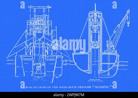 Solid Rock Dredge Majestic - section transversale de l'article DRAGUES EUROPÉENNES EN MER ET DRAGAGE EN EAU PROFONDE. PARTIE 1 TYPES D'APPAREILS ET COÛTS DE FONCTIONNEMENT. Par E. L. Corthell de The Engineering Magazine consacré au progrès industriel volume XV 1898 The Engineering Magazine Co Banque D'Images