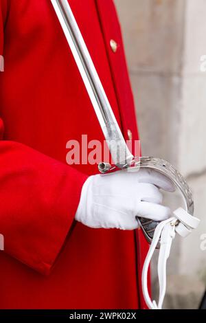 Royaume-Uni, Londres, détail de l'épée et de la main d'une garde royale de la calvalerie domestique. Banque D'Images