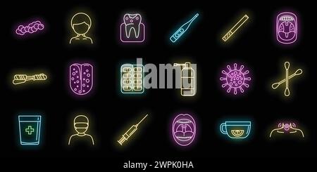 Les icônes d'amygdalite définissent le vecteur de contour. Anatomie amygdalienne. Néon bouche-gorge isolé Illustration de Vecteur
