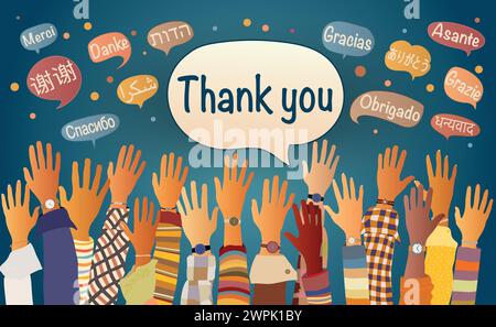 Main levée de personnes multiculturelles de différentes Nations et continents avec des bulles de discours avec du texte -Merci- dans différentes langues internationales Illustration de Vecteur