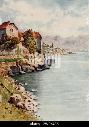 Le Château de Glerolles et le composé Saphorin. Peint par J. Hardwicke-Lewis et Mary Hardwicke-Lewis, Montreux est une commune et ville suisse sur les rives du lac Léman au pied des Alpes. Il appartient au district de Riviera-pays-d'Enhaut dans le canton de Vaud en Suisse, Banque D'Images